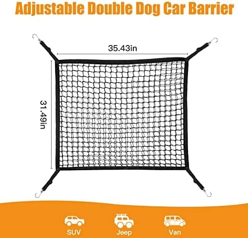 Adjustable Dual Layer Pet Travel Safety Barrier Net with Bungee Cords and Metal Hooks
