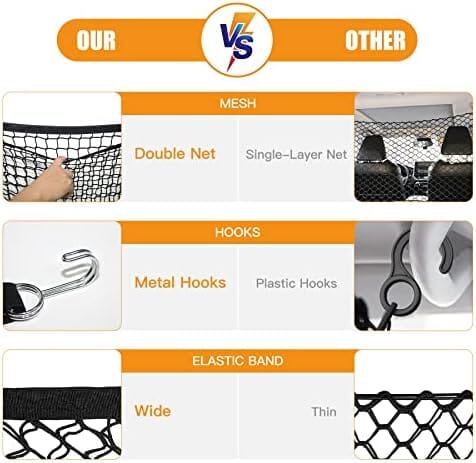 Adjustable Dual Layer Pet Travel Safety Barrier Net with Bungee Cords and Metal Hooks