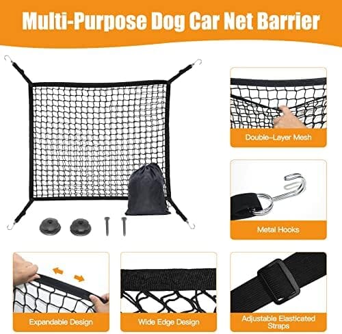 Adjustable Dual Layer Pet Travel Safety Barrier Net with Bungee Cords and Metal Hooks