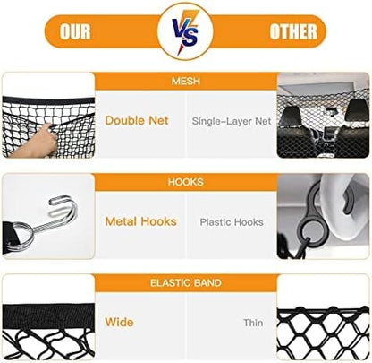 Adjustable Dual Layer Pet Travel Safety Barrier Net with Bungee Cords and Metal Hooks