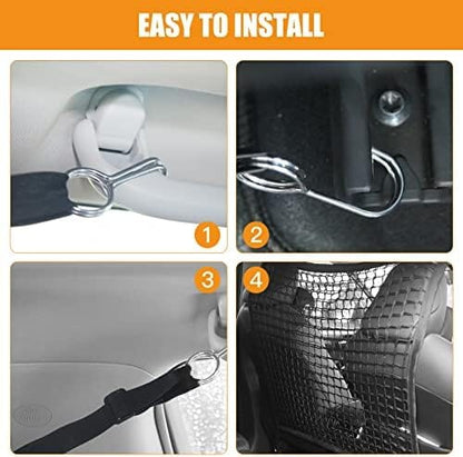 Adjustable Dual Layer Pet Travel Safety Barrier Net with Bungee Cords and Metal Hooks